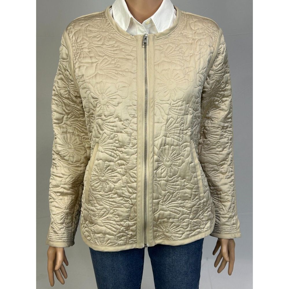 Lucky Brand Flower Quilted Zip Embroidered Jacket Women L Tan‎ Beige Lightweight